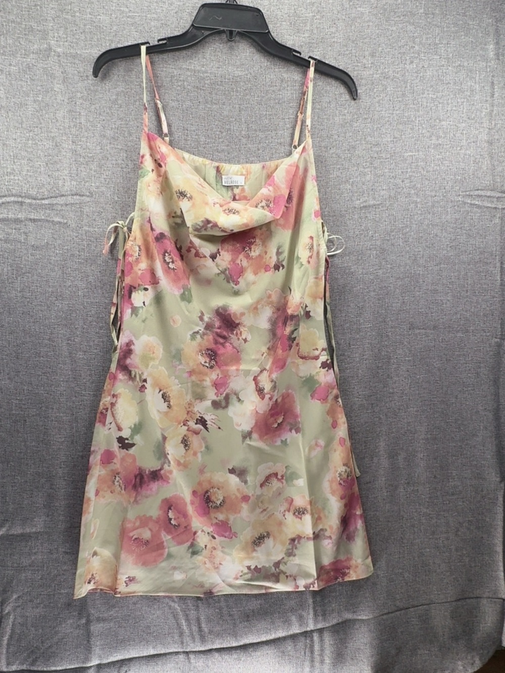 Sleeveless Floral Cowl Mini Dress in Light Green/Pink